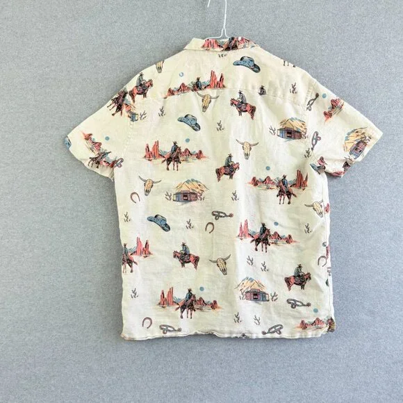Sonoma Cowboy Print Camp Shirt Cream Linen Cotton Blend Short Sleeve Sz S - Picture 2 of 9